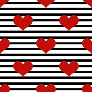 Large Scale Red Hearts on Black and White Stripes