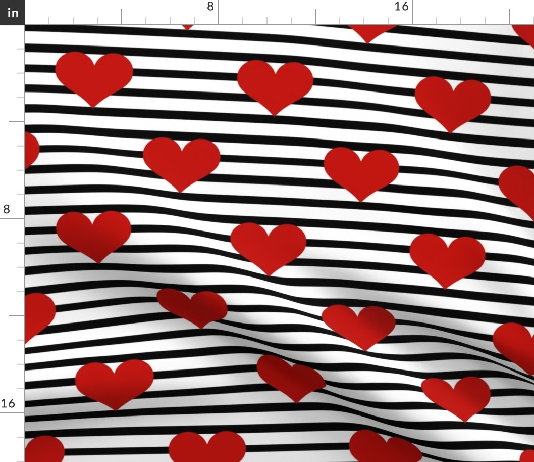 Large Scale Red Hearts on Black and White Stripes