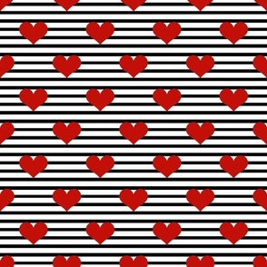 Medium Scale Red Hearts on Black and White Stripes