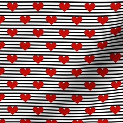 Small Scale Red Hearts on Black and White Stripes