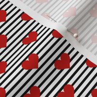 Small Scale Red Hearts on Black and White Stripes
