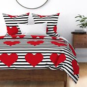  18x18 Pillow Sham Front Fat Quarter Size Makes 18" Square Cushion Cover Red Hearts on Black and White Stripes