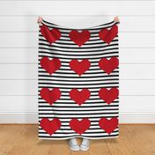  18x18 Pillow Sham Front Fat Quarter Size Makes 18" Square Cushion Cover Red Hearts on Black and White Stripes