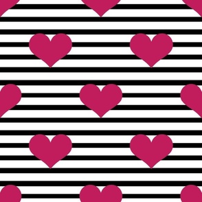 Large Scale Bubblegum Pink Hearts on Black and White Stripes
