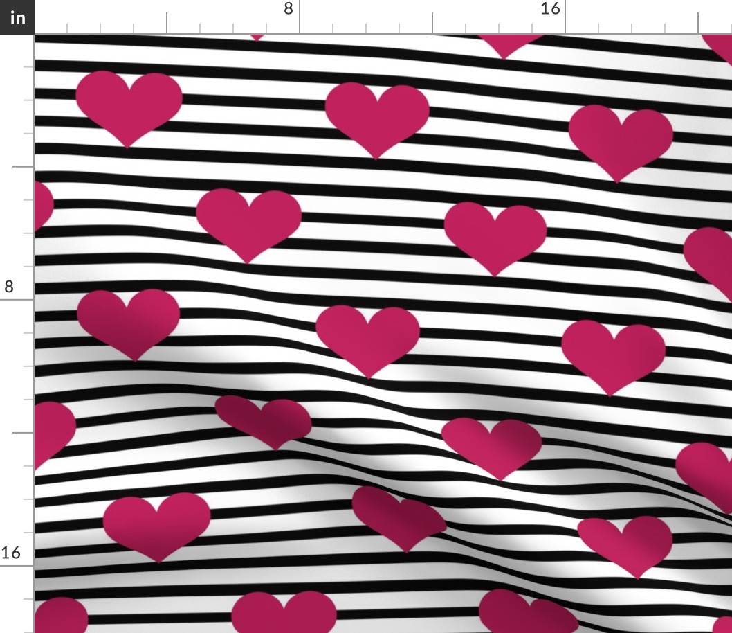 Large Scale Bubblegum Pink Hearts on Black and White Stripes