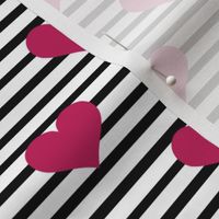 Medium Scale Bubblegum Pink Hearts on Black and White Stripes