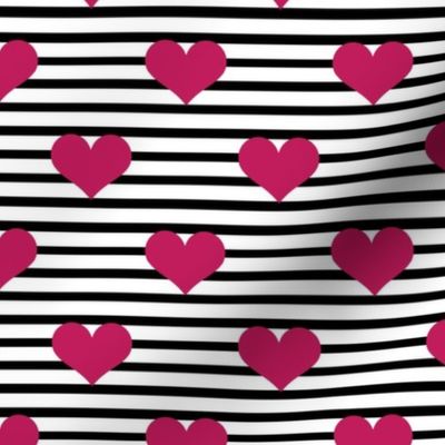 Medium Scale Bubblegum Pink Hearts on Black and White Stripes