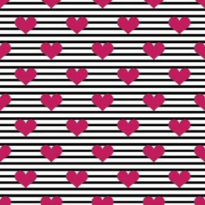 Medium Scale Bubblegum Pink Hearts on Black and White Stripes