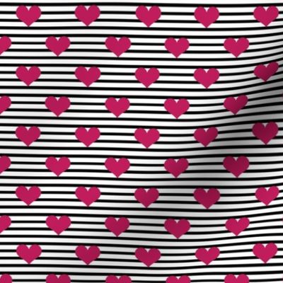 Small Scale Bubblegum Pink Hearts on Black and White Stripes