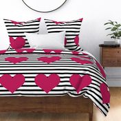 Fabric 18x18 Pillow Sham Front Fat Quarter Size Makes 18" Square Cushion Cover Bubblegum Pink Hearts on Black and White Stripes