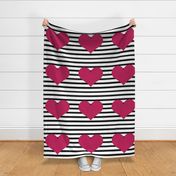 Fabric 18x18 Pillow Sham Front Fat Quarter Size Makes 18" Square Cushion Cover Bubblegum Pink Hearts on Black and White Stripes