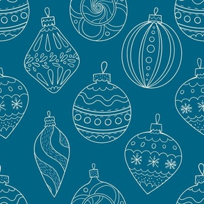 Large Scale Holiday Ornament Doodles on Peacock Deep Turquoise Blue Non Traditional Minimalist Christmas
