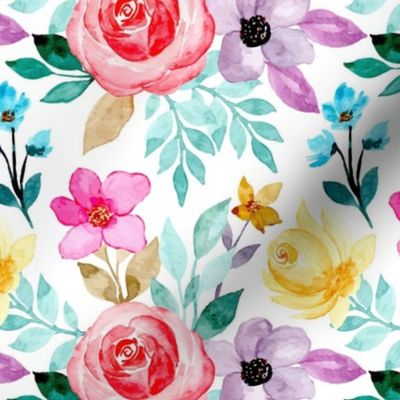 Large Scale Colorful Watercolor Floral Coral Pink Roses Purple Flowers Aqua Blue Leaves Buds on White