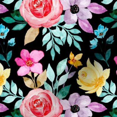 Large Scale Colorful Watercolor Floral Coral Pink Roses Purple Flowers Aqua Blue Leaves Buds on Black