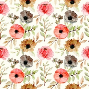 Large Scale Autumn Watercolor Floral Coral Brown Tan Flowers on Natural Ivory