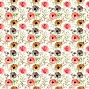 Medium Scale Autumn Watercolor Floral Coral Brown Tan Flowers on Natural Ivory