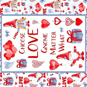  Fat Quarter Panel for Wall Art or Tea Towel Choose Love Gnome Matter What Valentine Heart Gnomies