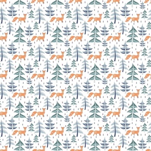 Medium Scale Scandi Winter Forest Pine Holiday Trees with Orange Fox