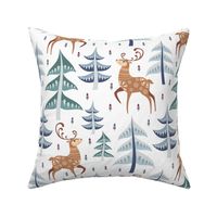Large Scale Scandi Winter Forest Pine Holiday Trees with Brown Deer