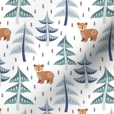 Medium Scale Scandi Winter Forest Pine Holiday Trees with Brown Bear