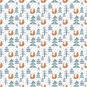 Medium Scale Scandi Winter Forest Pine Holiday Trees with Brown Squirrel