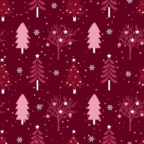 Large Scale Wintry Woodland Wonderland Forest Pine Trees in Cranberry and Pink