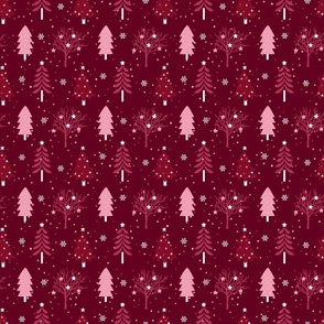 Medium Scale Wintry Woodland Wonderland Forest Pine Trees in Cranberry and Pink