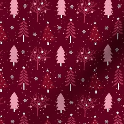 Small Scale Wintry Woodland Wonderland Forest Pine Trees in Cranberry and Pink