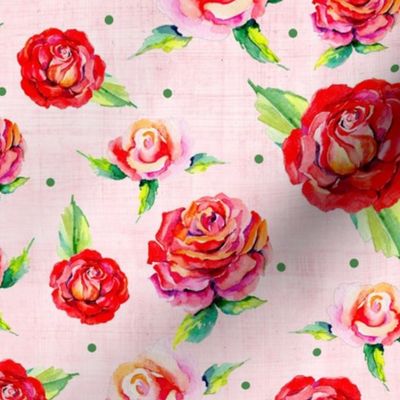 Large Scale Watercolor Floral Red and Pink Rose Flowers