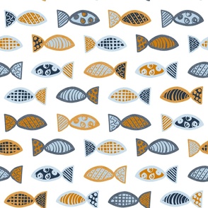 Large Scale Fish Doodles in Blue Gold and Navy