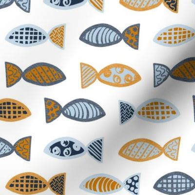 Medium Scale Fish Doodles in Blue Gold and Navy