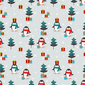 Large Scale Holiday Penguins and Christmas Presents  in Wintry Forest Wonderland