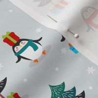 Medium Scale Holiday Penguins and Christmas Presents  in Wintry Forest Wonderland