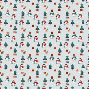 Medium Scale Holiday Penguins and Christmas Presents  in Wintry Forest Wonderland