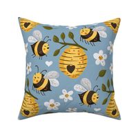 Large Scale Bee Happy Bumblebees Hives Daisy Flowers on Slate Blue
