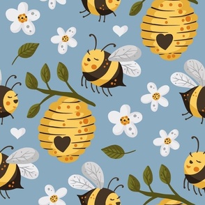 Large Scale Bee Happy Bumblebees Hives Daisy Flowers on Slate Blue