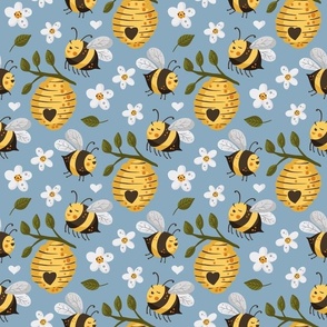 Medium Scale Bee Happy Bumblebees Hives Daisy Flowers on Slate Blue