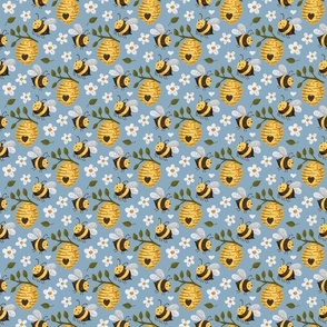Small Scale Bee Happy Bumblebees Hives Daisy Flowers on Slate Blue