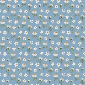 Small Scale Bee Happy White Daisies on Slate Blue