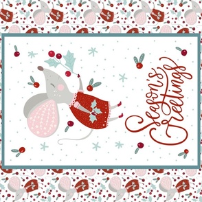 Fat Quarter Panel Wall or Door Hanging Tea Towel Size Seasons Greetings Christmas Mouse with Holly Berries and Ivy