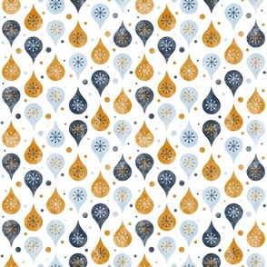 Medium Scale Snowy Winter Baubles in Cozy Scandi Style Blue Navy Gold