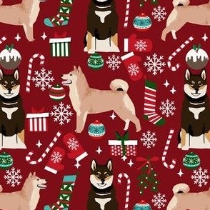 shiba inu christmas fabric - holiday christmas designs - maroon