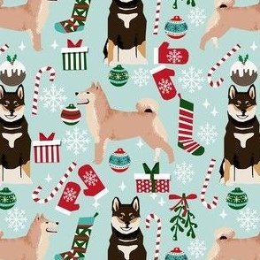 shiba inu christmas fabric - holiday christmas designs - light blue