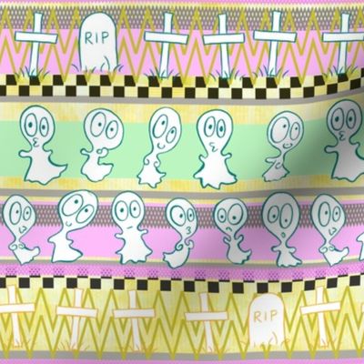 Sweet Halloween Ghost-ies -- Pastel Halloween Stripes with Ghosts and Graves in Pastels -- Pastel Pink, Yellow, Green – 472 dpi (32% of Full Scale)
