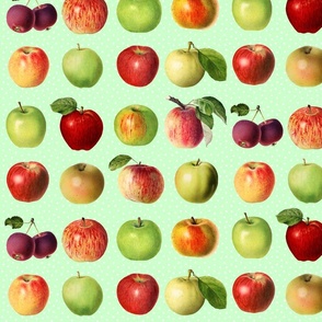Apples and dots on candy green ground