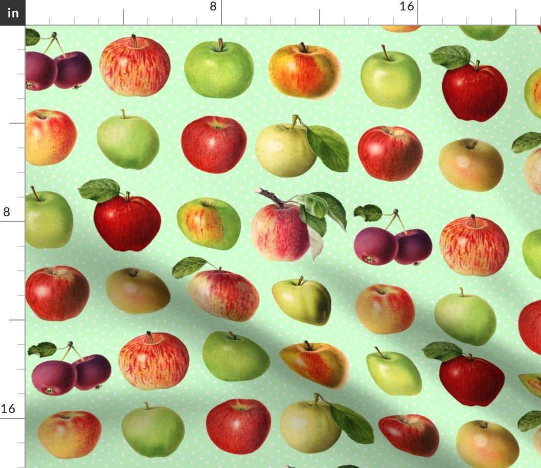 Apples and dots on candy green ground