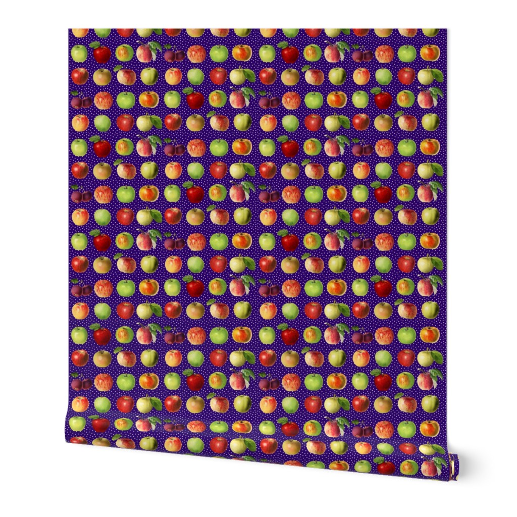 Tiny apples and dots on dark purple blue ground