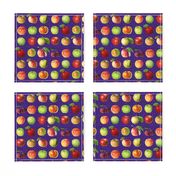 Tiny apples and dots on dark purple blue ground