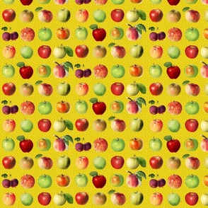 Tiny apples and dots on dark yellow ground