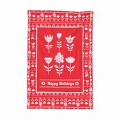 Fat Quarter Panel Wall or Door Hanging Tea Towel Happy Holidays Scandi Flowers Red and White Christmas Holidays